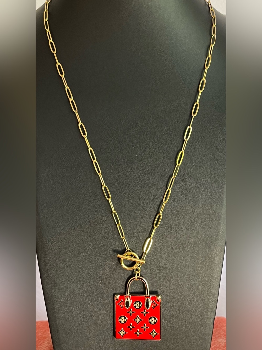 Designer-Inspired Upcycled Gold Paperclip Necklace w/ Red Pendant Bag Charm